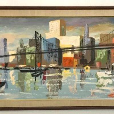 Large Mid-Century Modern Abstract Impressionistic Cityscape By Carlo Of Hollywood Dimensions: 65.25Êº W Ã— 29Êº H
