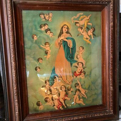 Antique, early 19th century Framed Catholic Art. Assumption of Mary (Mary with the baby angels)
