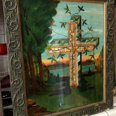 Antique, early 19th century Framed Catholic Art. Inlaid Mother of pearl mosaic cross and frame with Berton & Lepori SF (a store from...