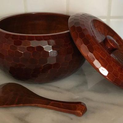 Beautifully hand crafted rose wood Japanese rice bowl and serving spoon set
