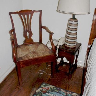 Rush seated arm chair, side table and mid century lamp