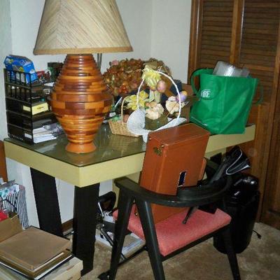 Vintage Modern Asymmetrical Desk with Chair ; 2nd Vintage Wood Table Lamp.