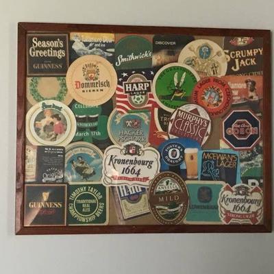 Vintage beer coasters in frame with glass--unique ...