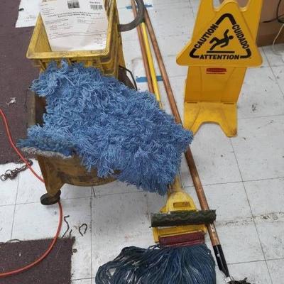 Plastic Rolling Mop Bucket, Mops and Signage