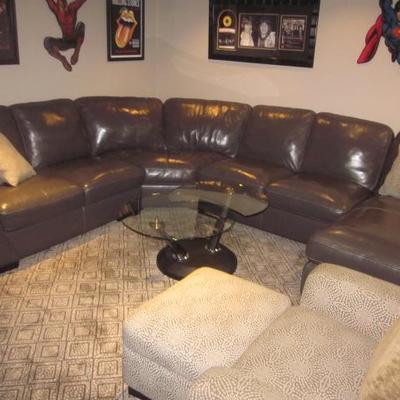 Grey Leather Sectional Sofa Recliner with Chaise Lounge 