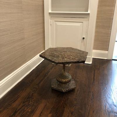 Marble and Brass Pedestal Accent Table. (17.25