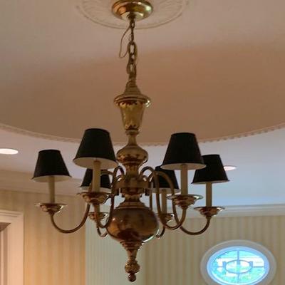 Chapman 6-Light Solid Brass Chandelier with Black Metal Shades. 
