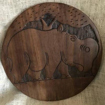 2 Sided--Rhino Elephant Hand Carved Dark Teak Wood ...