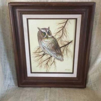 Vintage painted Owl in wood frame