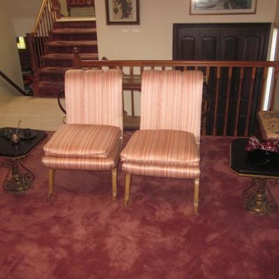 Beautiful Pair of Silk Occasional Parlor Seating
Pair Of Marble Top Tables With Brass Scrolled Base