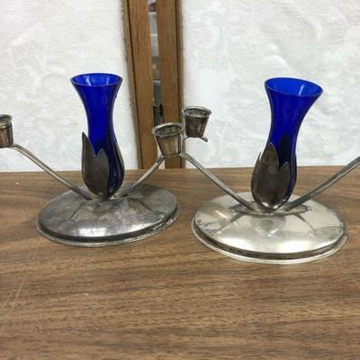 LAN734: Mid-Century Modern Blue Glass and Silver Plate Candle Sticks  https://www.ebay.com/itm/123993133272