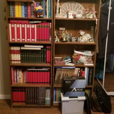 Shelves, books and encyclopedia sets.