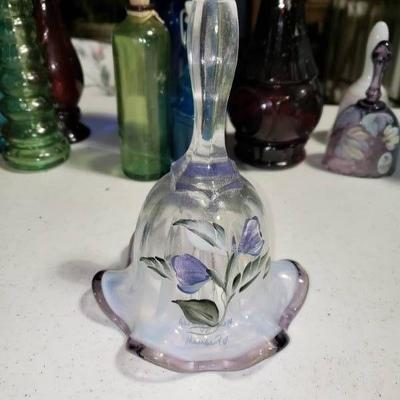 Fenton Blue Lavender Hand Painted Bell Signed