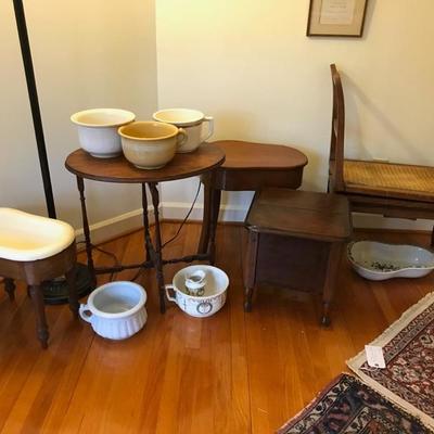 Bidet with stand $290 French
Bidet with stand and cover $350 French
Chamber pot in wooden seat $190
Bidet with cane seat and enamel basin...