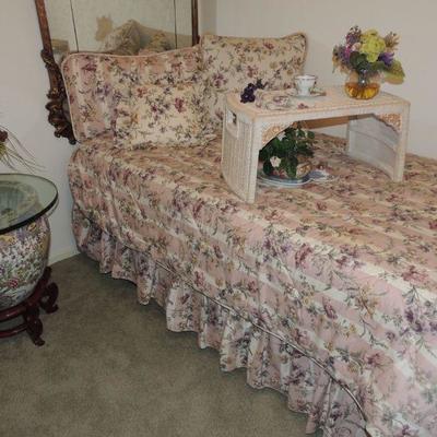 twin trundle beds, Laura Ashley bedding, pillows, matching window valances