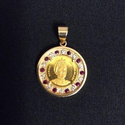 MME045  24KT Queen Liliuokalani Coin Pendant With Diamonds & Rubies 