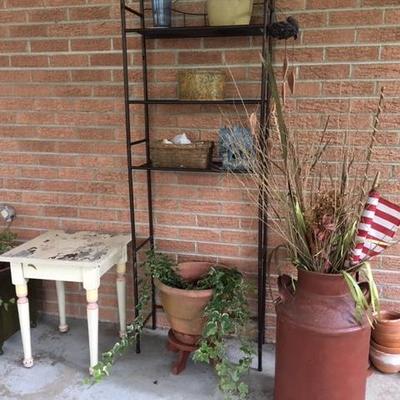 Milk Can, Bakers Rack, Wood Side Table, Plants