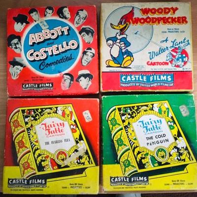 Castle Films Abbott & Costello, Wood Woodpecker, and Two Fairy Table Reels in Original Boxes
