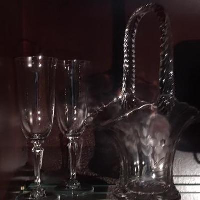 Crystal Basket with Etched Flower Design and Crystsl Stemware