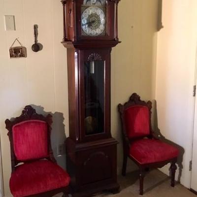 Ethan Allen Grandfather Weighted Clock and Pair of Victorian Side Chairs