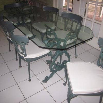 Stunning Vintage Glass Ornate Top Wrought Iron Dining/Kitchen Table With 6 Chairs
