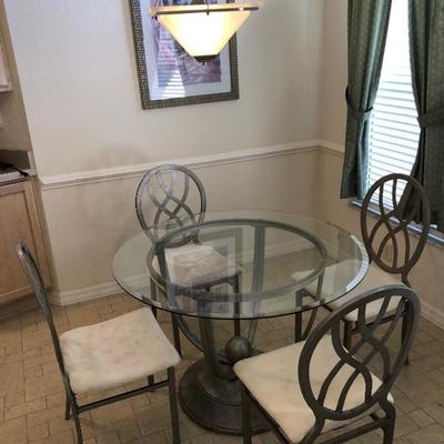 Round Dinette w/Pewter-tone base/4 chairs and beveled glass top - $395