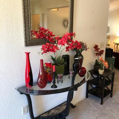 Demi-Lune Bronze-finish metal Entry Table with glass top - $115