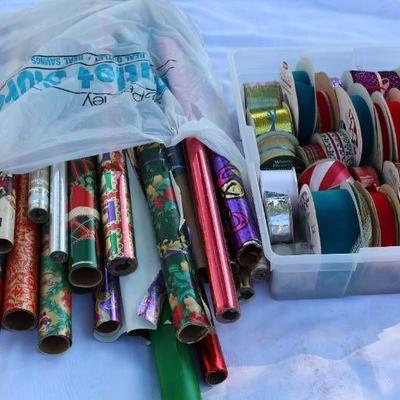 Large Bin of assorted Ribbon, Christmas wrapping p ...