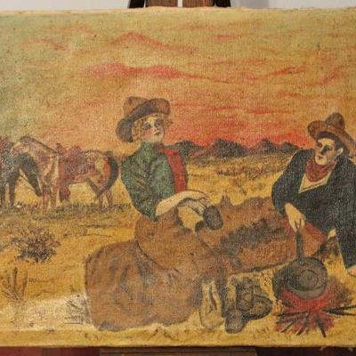Vintage Antique Painting on Canvas - Old West Scen ...