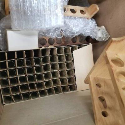 Box of Wooden Test Tube racks and some test tubes