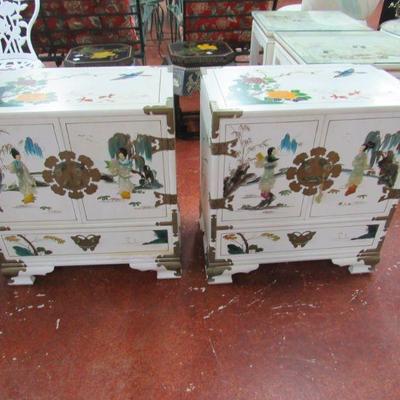 Pair White Oriental Side Cabinets