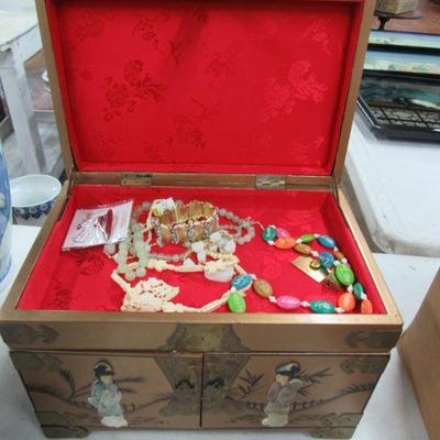 Oriental Jewelry Box & Contents
