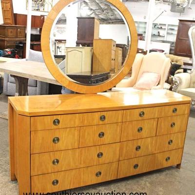  Burl Maple “Baker Furniture” Banded and Inlaid 12 Drawer Low Chest with Round Mirror 