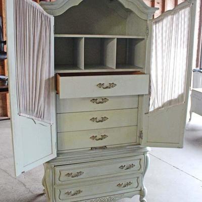  French Provincial â€œHickory Manufacturing Co.â€ Paint Decorated Marble Top Low Chest and Fitted Interior Armoire 