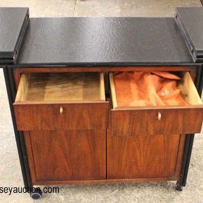  Contemporary Burl Mahogany “Century Furniture” Ebony Trimmed 2 Drawer 2 Door Flip Top Server on Wheels 