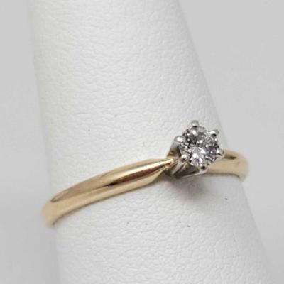 1000: 	
14k Gold Solitaire Diamond Ring, 1.7g
Diamond is approx .25ct, approx size 7, weighs approx 1.7g
