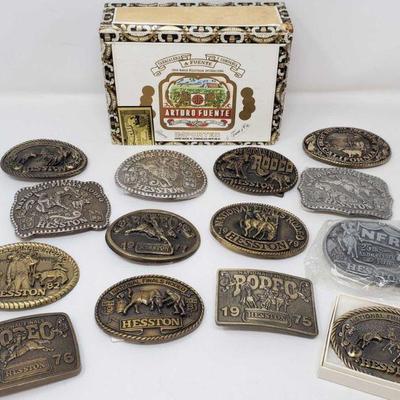1521: 10 Assorted Belt Buckles and Pocket Knive in Macanudo Cigar Box
Measurements range from approx 2.5