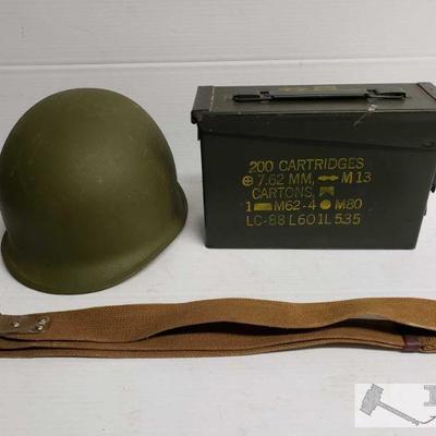 9155: Army Surplus Helmet, Sling, Empty Ammo box
Army Surplus Helmet, Sling, Empty Ammo box Measures approx 10x7x4