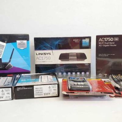 5511: 3 Routers, 2 Motorola Modems, and 2 Texas Instruments Calculators
Routers- Linksys AC1750, Belkin Ac1750 and Nighthawk AC1900...