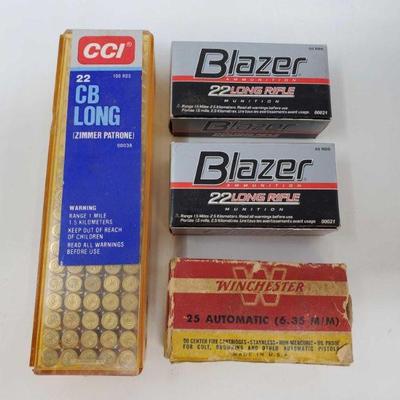 534: Approx 163rds of .22cal Long Rifle Ammunition, approx 20rds. Of 25 Auto Ammunition
Two boxes Blazer .22 Long Rifle Ammunition, one...