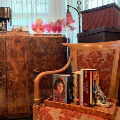 Art Deco Cabinet in Burl Wood with Marble Top, Italian Fruitwood Armchair 
