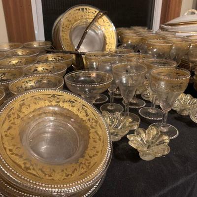 Antique Moser Gilt Rim Set, Includes Two Size Plates, Bowls and Stemware 