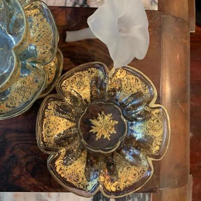 Gilt Enameled Moser Glass Finger Bowls and Plates 