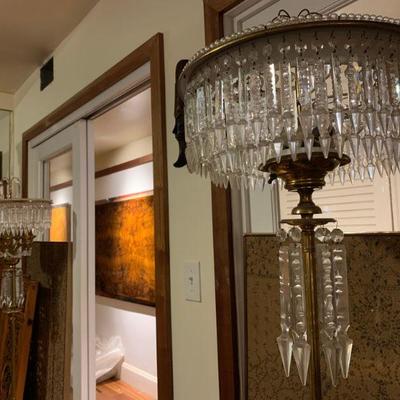 Early 20th Century Brass and Crystal Floor Lamps, PAIR 