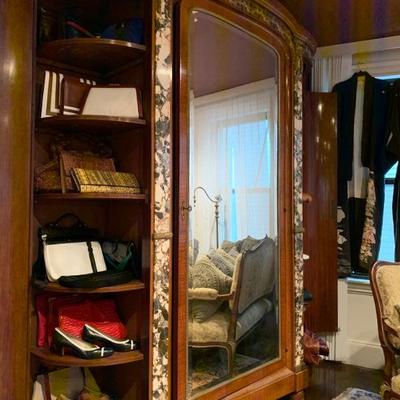 Antique Gilt Bronze and Marble Mirrored Front Armoire, Vintage Purses Featuring Ferragamo  