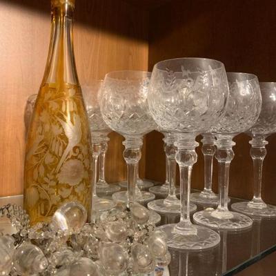 Crystal Stemware, Bohemian Yellow Glass Decanter with Birds, Crystal Grape Clusters