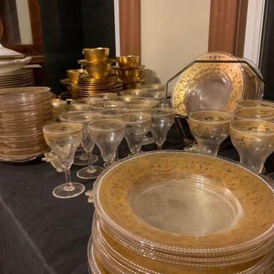 Antique Moser Gilt Rim Set, Includes Two Size Plates, Bowls and Stemware 