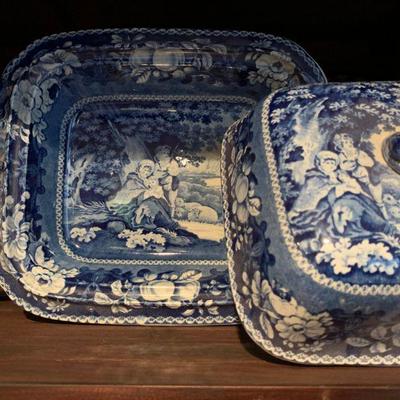 Staffordshire Blue Transferware Sheltered Peasants Covered Dish 