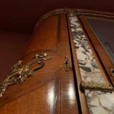 Antique Gilt Bronze and Marble Mirrored Front Armoire 