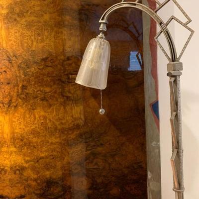 Burl Wood Table Top with Inlay, Signed, Art Deco Floor Lamp 